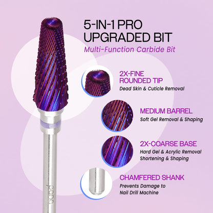 PANA Nail Carbide 5 in 1 Bit - Two Way Rotate use for Both Left and Right Handed - Fast Remove Acrylic or Hard Gel - 3/32" Shank - Manicure, Nail Art, Drill Machine (Fine - F, Silver)