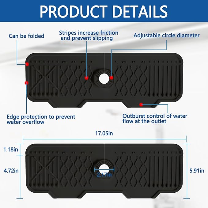 Kitchen Sink Accessories -17" x 6'' Sink Splash Guard, Silicone Sink Mat Splash