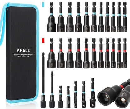Shall 29PCS Magnetic Nut Driver Set, Impact Drill Bit 1/4'' Hex Shank, SAE & Metric Cr-V Steel Power Drivers with Quick-Release Extensions, Socket Adapters, Holder and Storage Bag