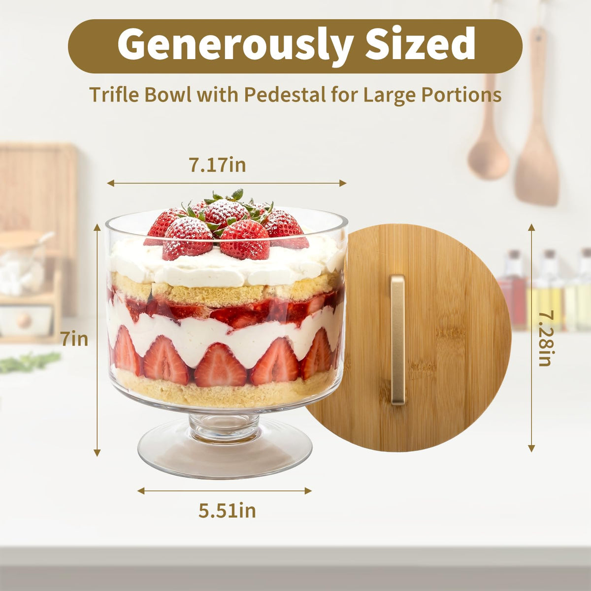 Piszvbej Trifle Bowl with Pedestal and Lid, Crystal Clear Glass, Wood Lid with Convenient Handle and Sealing Ring, for Laying Layered Dessert, Ice Cream and Cake, Ideal for Party Displays