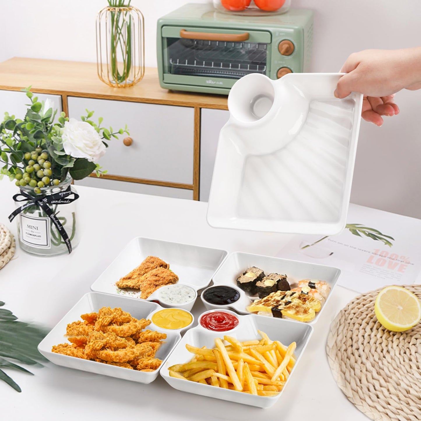Lawei 10Pcs Chips and Dip Plates, Plastic Serving Platter Set Dumpling Plate with Dipping Saucer, White Divided Snack Serving Dishes for Appetizer, Sushi, Taco Salsa, Charcuterie, Reusable