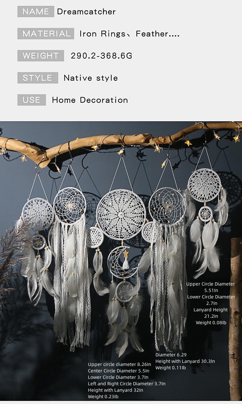 5 Pack Moon Phase Dreamcatcher Set Boho Wall Decor, Boho Macrame Wall Hanging Dream Catchers, for Home, Bedroom, Living Room, Witchy Gifts (White)