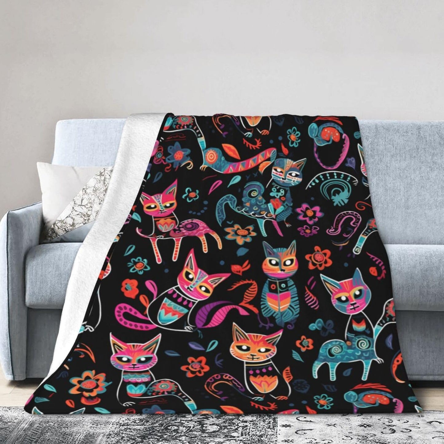 Ouqiuwa Dead Cats Floral Throw Blanket Sugar Skull Flowers Plush Microfiber Flannel Fleece Blanket 50"x40" for Bed Sofa Couch Camping Travel