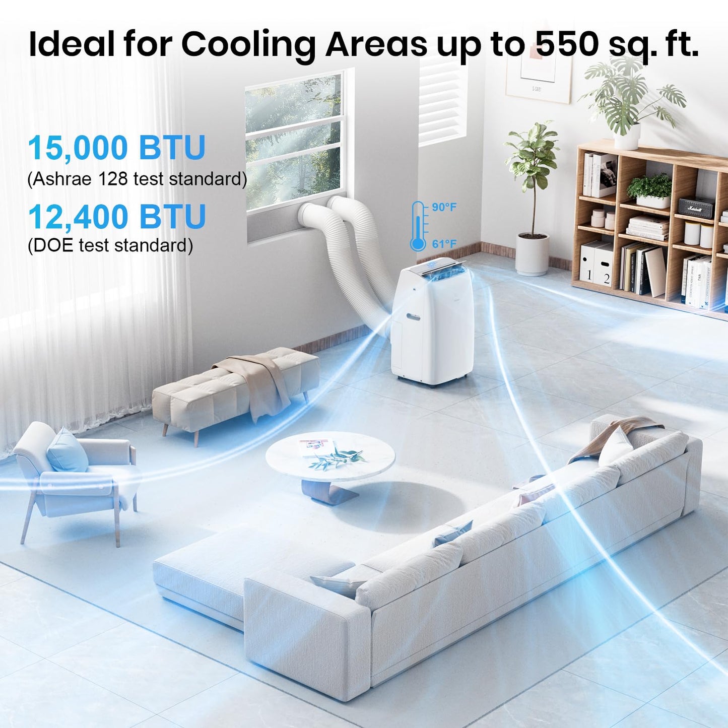Gasbye Dual Hose Portable Air Conditioner, [2026 Upgraded] Full DC Inverter Compressor, Energy-Saving 13.0 CEER, Low Noise (45dB), Cools Room up to 550 Sq.Ft., Backlit Remote Control, 15,000BTU, White
