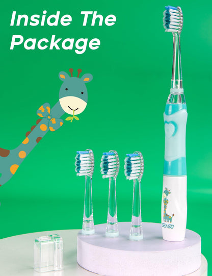 SEAGO Kids Electric Toothbrush with 2 Mins Brushing Timer and 4 Replacement Bursh Heads, Rainbow LED Light Make Brushing Fun, Boys Battery Powerd Toothbrush for 4-12 Years Old，SG-977 (Light Blue)