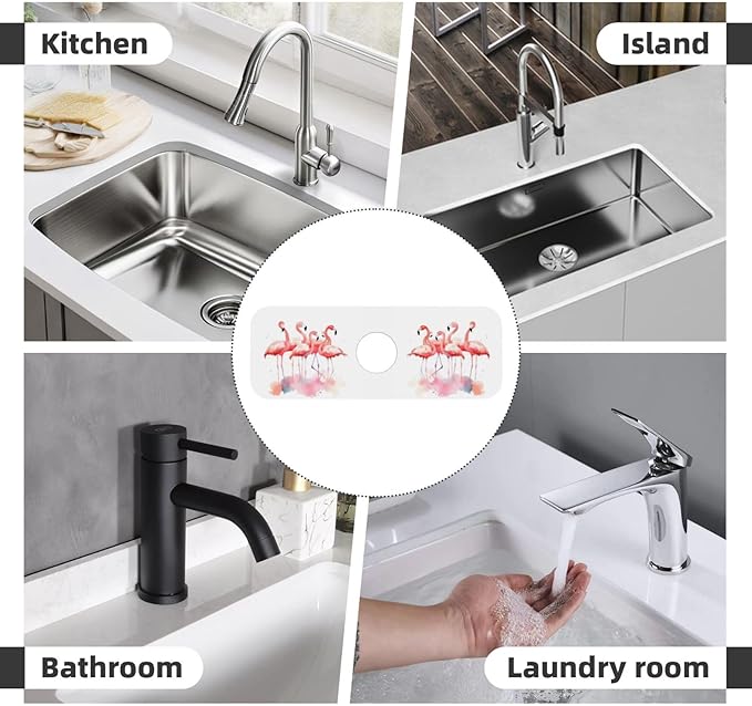 Kitchen Sink Splash Guard Faucet Mat Pink Flamingos Watercolor 15"x5.5"