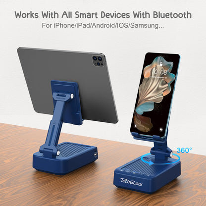 TechGlow Gifts for Men Women Foldable Cellphone Stand with Bluetooth Speaker and Charging Function 360° Rotatable Phone Stand Birthday Gift Idea for Mom Dad Cool Tech Gifts-Blue