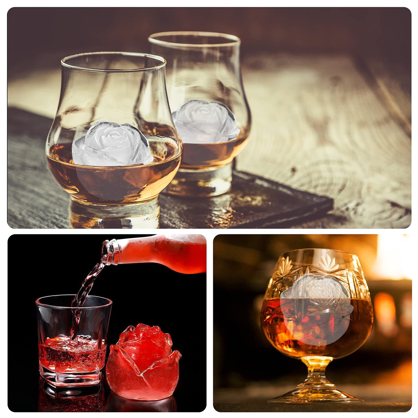Ice Cube Tray, Mikiwon 2 inch Rose Ice Cube Trays With Covers, 6 Cavity Silicone Rose Ice Ball Maker, Easy Release Large Ice Cube Form for Chilled Cocktails, Whiskey, Bourbon & Homemade Juice Black