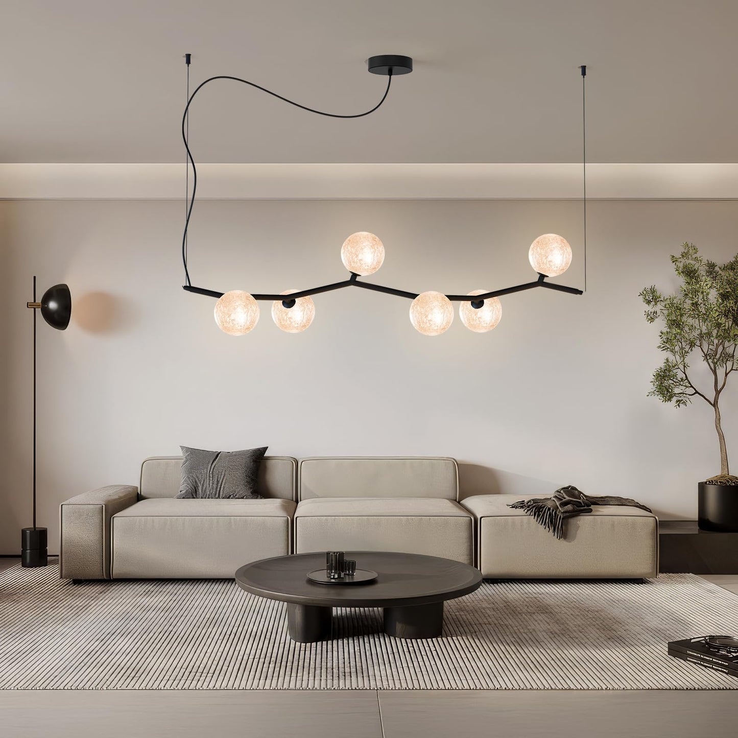 ziidoo Modern Branch Glass Chandelier，6-Lights Pendant Light Ice Crystal Pattern Lampshade Ceiling Artistic Tree Shape Hanging Light Fixtures Over Table for Dining Island Living Room Bar Kitchen
