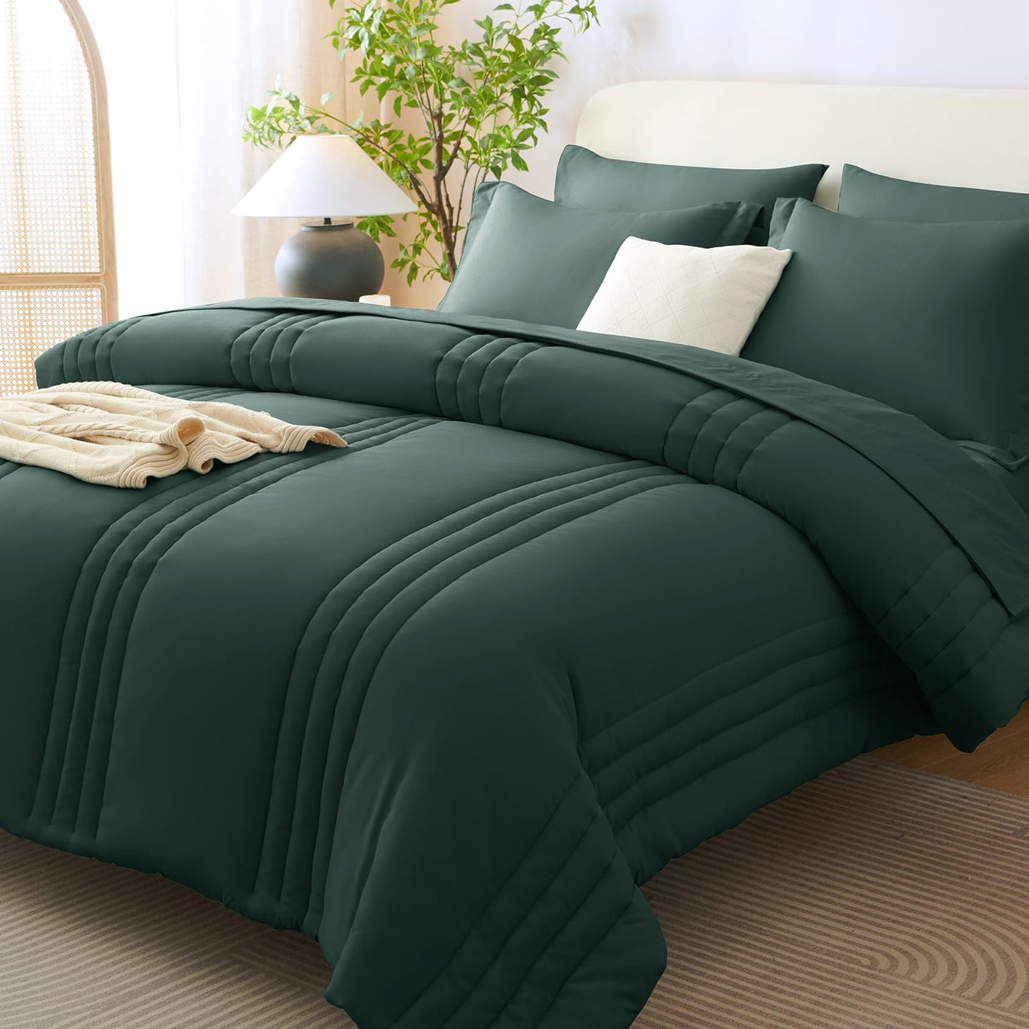 CozyLux King Size Comforter Set Forest Green - 7 Pieces Bed in a Bag, Modern Vertical Quilted Room Decor, Soft All-Season Bedding Gift with Comforter, Sheets, Pillowcases & Shams