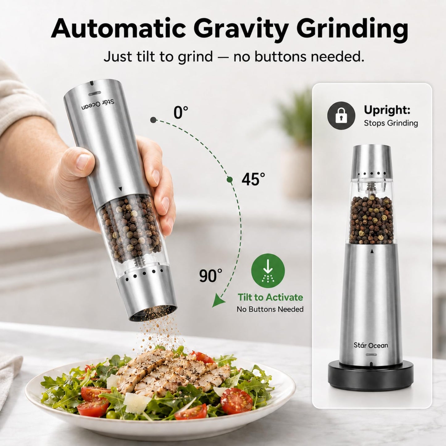 StarOcean Rechargeable Electric Salt and Pepper Grinder Set with USB-C Charging Base, Stainless Steel Automatic Gravity Grinders, 5 Adjustable Coarseness, Kitchen Gift