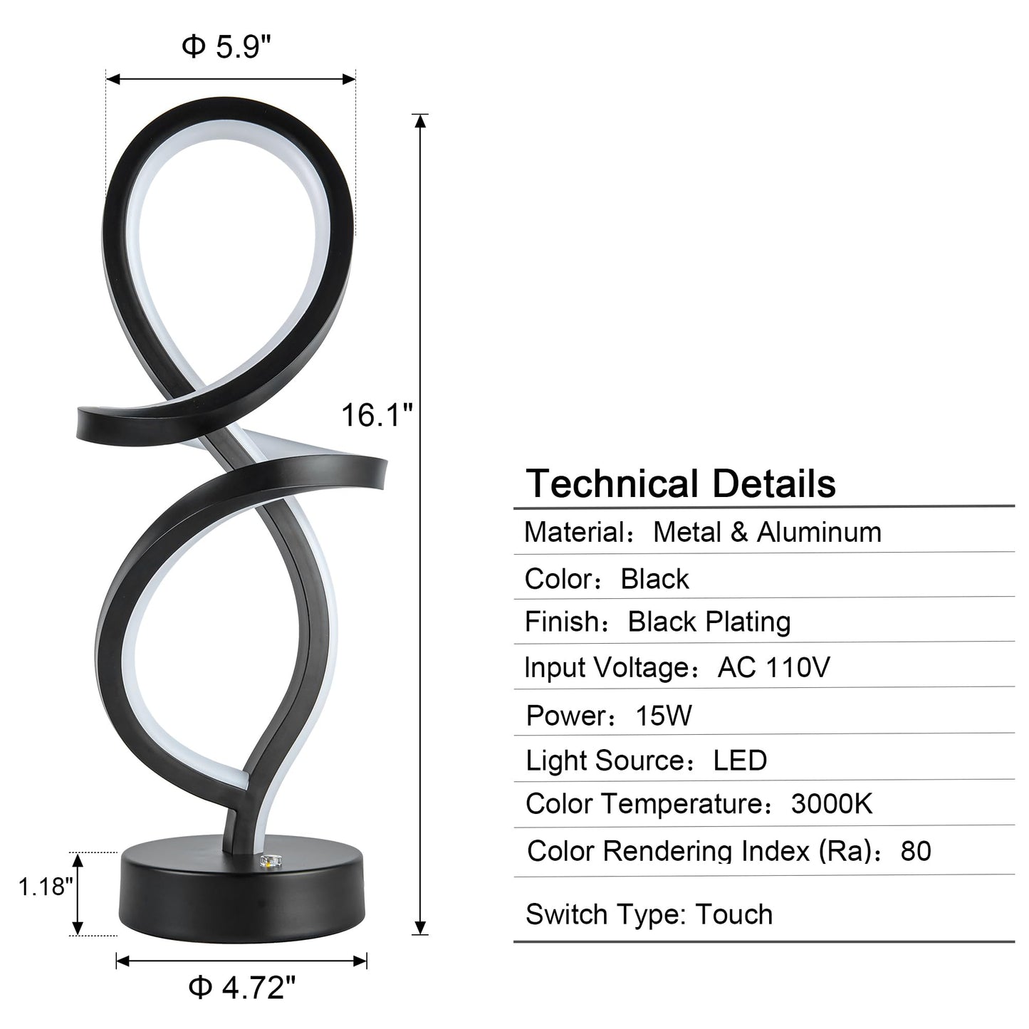 Mayful RGB Modern Table Lamp with 15W LED Spiral Spiral Design, Black Nightstand Lamp & Small Bedside Lamp, Touch Dimmable with 7 Colors & 10 Modes for Bedroom, Living Room, Office