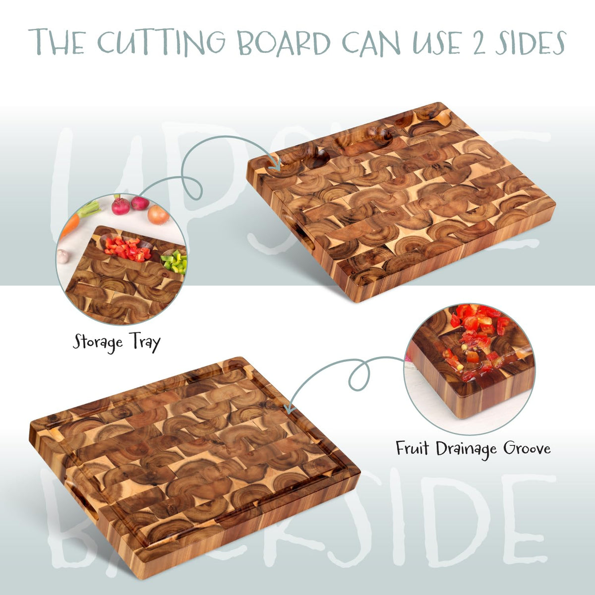 Acacia End Grain Cutting Board (17x13x1.5in), Butcher Block - Reversible Multipurpose Chopping Board with Juice Groove, Cracker Holder & Inner Handles