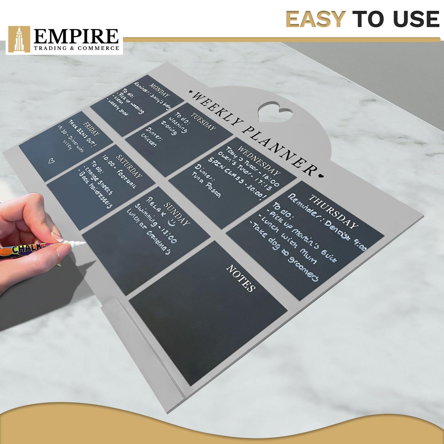 Empire Weekly Planner and Menu Board for Kitchen, Work Planner Blackboard, Wall Mounted Daily Planner with a Pen, To Do List, Dry Erase Meal Planner with White Cloth for Office & Home (Standard, Grey)