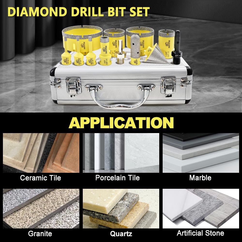 Diamond Core Drill Bits Set 12PCS - DARTOTEK Tile Hole Saw Kit and SHDIATOOL Dry Diamond Polishing Pads 4 Inch Set of 7 Pieces Plus a Rubber Backer