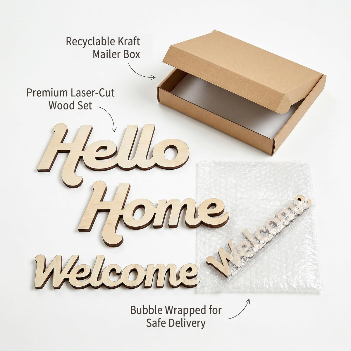 3 Pk 5mm Unfinished Wood Words Cutouts Hello Home Welcome Sign