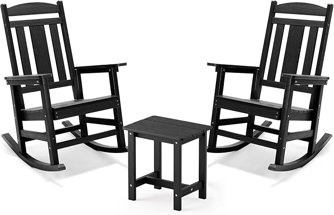 LUE BONA Outdoor Rocking Chairs Set, 3-Piece, HDPS Poly Porch Rockers with Table, Plastic Weather Resistant Rocking Chair Set for Outdoor Indoor, Garden, Backyard, 350lb, Black Chairs+Table