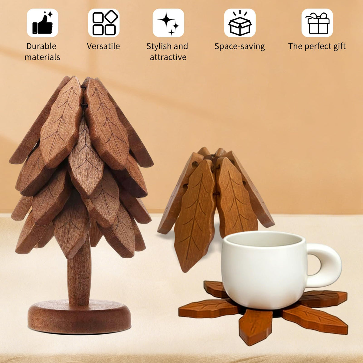 Wooden Heat Insulation Pad— 4-Piece Tree-Shaped Pot Holder Set Suitable for Pots, Plates, and Cups Features Pine Tree Decor for Storage Eco-Friendly and Easy-to-Clean Kitchen Accessories