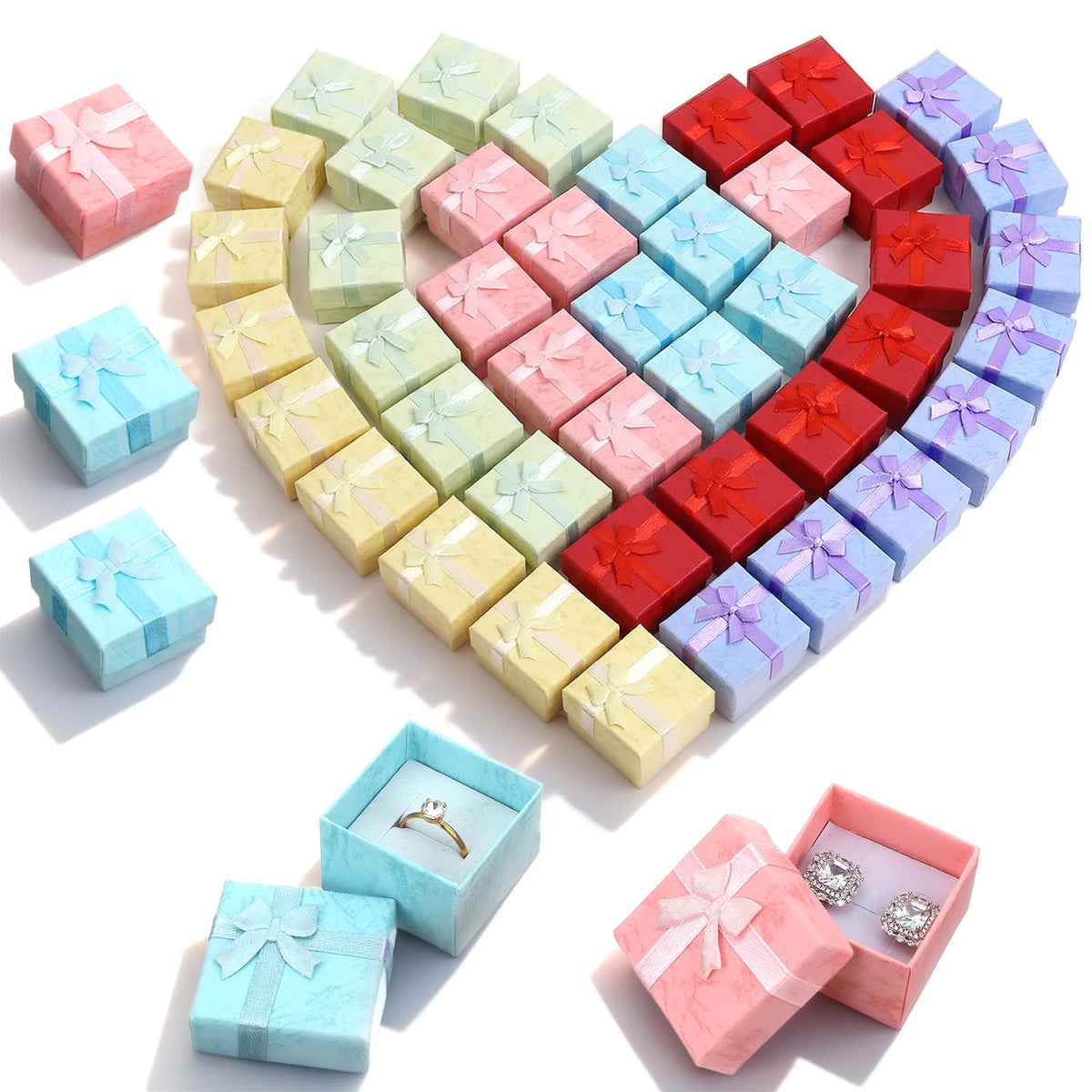 Ubamdom 48 Pcs Jewelry Gift Boxes 1.6 x 1.6 In Jewelry Box Gift Cases Cotton Filled Cardboard Paper Box Bracelets Bangle Necklace Gift Case with Ribbon Bow for Valentine’s Moments, 6 Colors