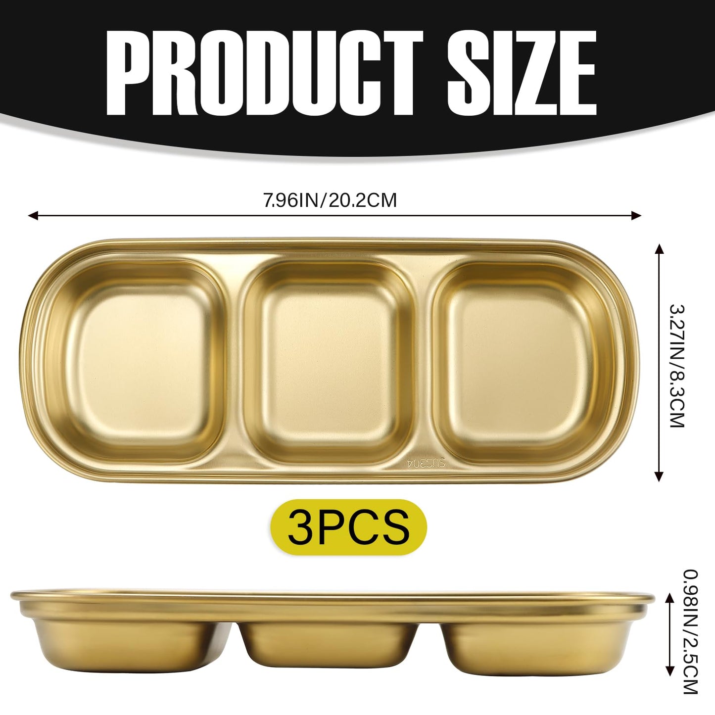 LCJAOF 3Pcs Stainless Steel Dipping Bowls-3 Compartment Appetizer Serving Tray, Soy Sauce Dish for Condiments, BBQ Sauce, and Seasoning, Dishwasher Safe, Gold