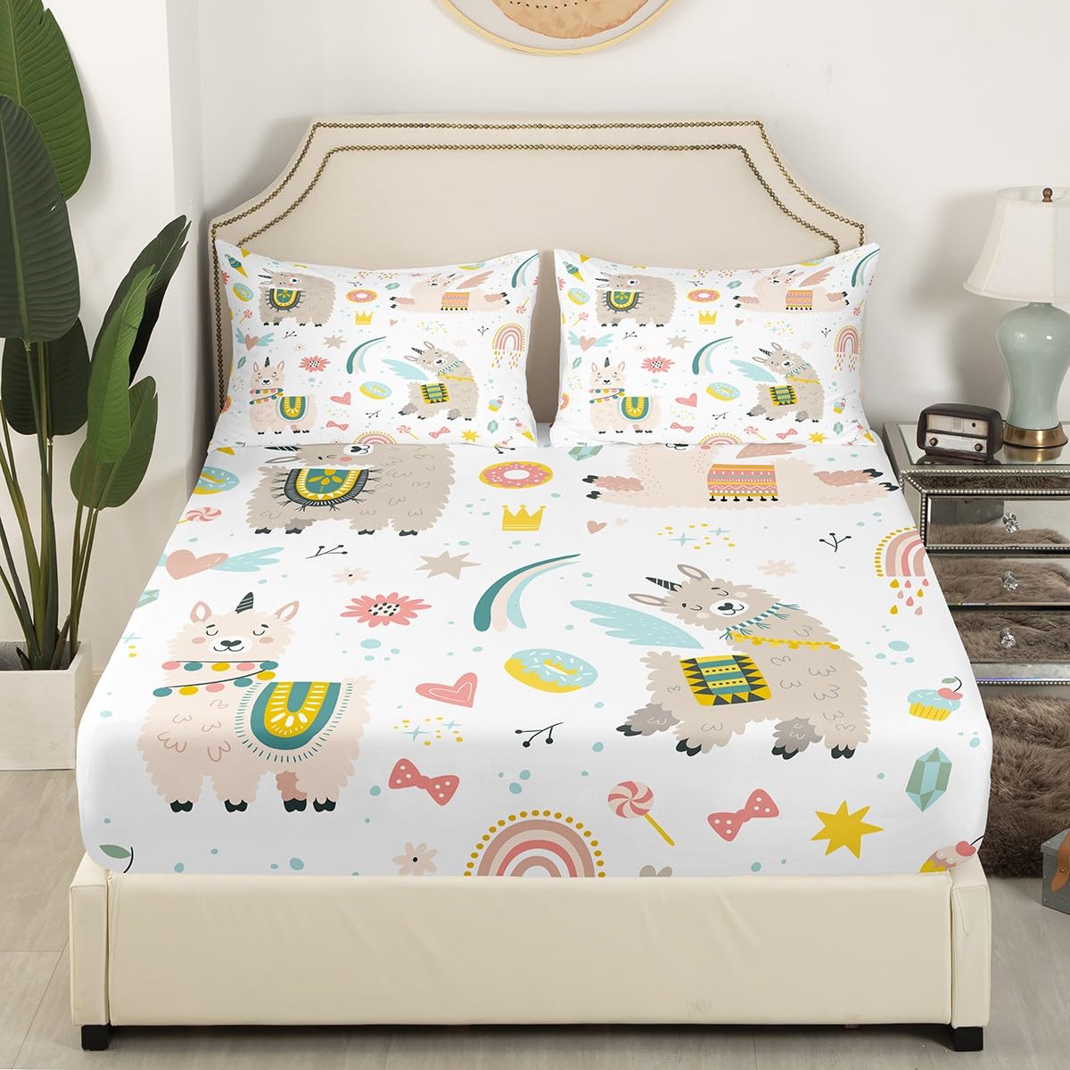 Feelyou Llama Alpaca Fitted Sheet Kids Cute Llama Donuts Bedding Set Cartoon Llama Alpaca Bed Sheet Set for Boys Girls 3D Animal Theme Bed Cover Children Sweet Dessert Room Decor Twin Size