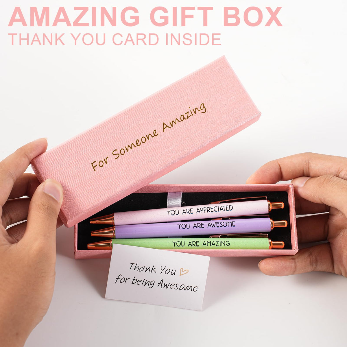 KeCee Thank You Gifts, 3pK Inspirational Pens in Fancy Box, Personalized Appreciation Gifts for Coworkers Teacher Nurse, Cute Ballpoint Pen for Women