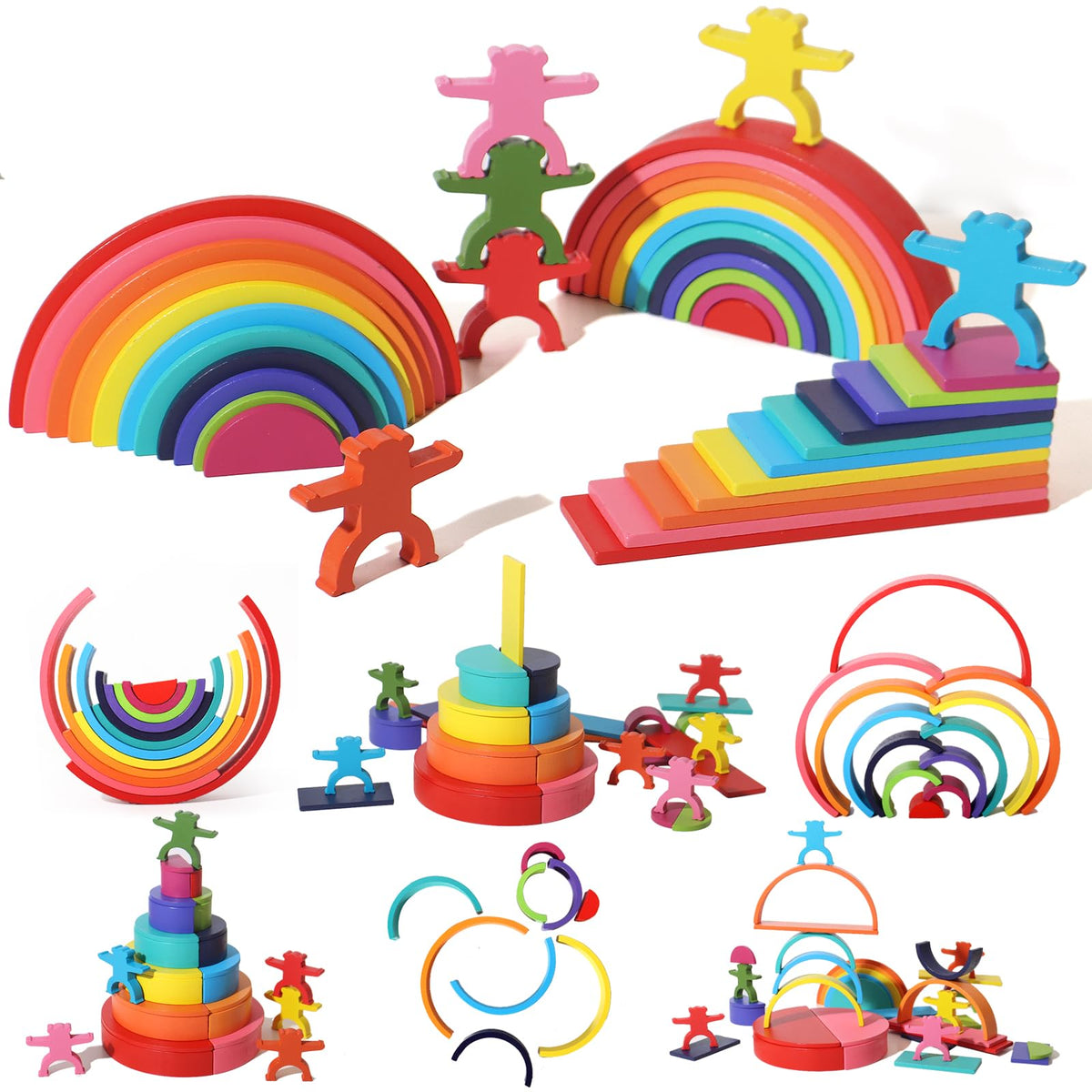 Dinhon 40-Piece Wooden Rainbow Stack Set, 4-in-1 Building Blocks preschoolers Early Development & Activity Toys Montessori Toys for Kids 1 2 3 4 Years and Older Gifts for Boys and Girls