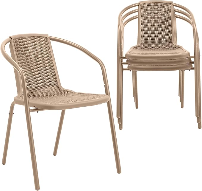 VINGLI PE Rattan Outdoor Dining Chairs Set of 4, Plastic Stackable Patio Chairs for Indoor, Porch, Restaurant, Garden,Champagne