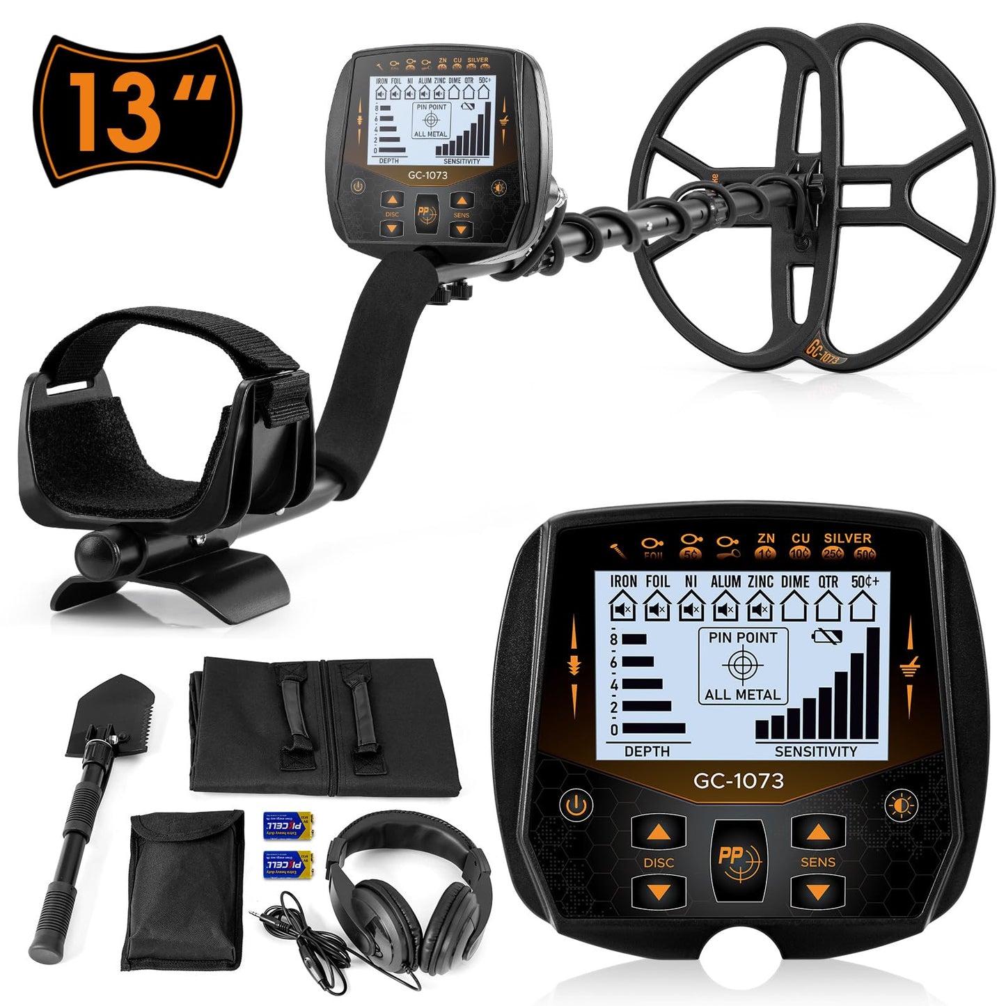 13" Metal Detector for Adults Professional, Double-D Waterproof Search Coil Gold Finder with Pinpoint, High Sensitivity DISC Mode, LCD Backlight Display Gold Detector