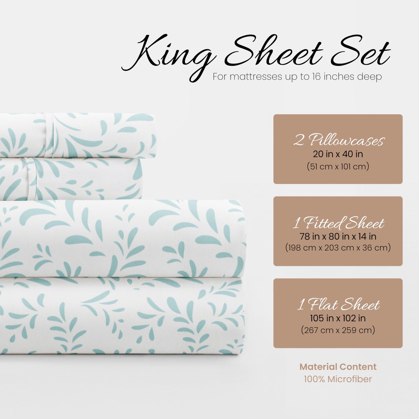 Linen Market 4 Piece King Sheet Set - Breathable, Double-Brushed Patterned Cooling Sheets – Oeko-TEX Certified Ultra Soft & Wrinkle-Free 16" Deep-Pocket King Sheets - Easy Care Burst of Vines Blue