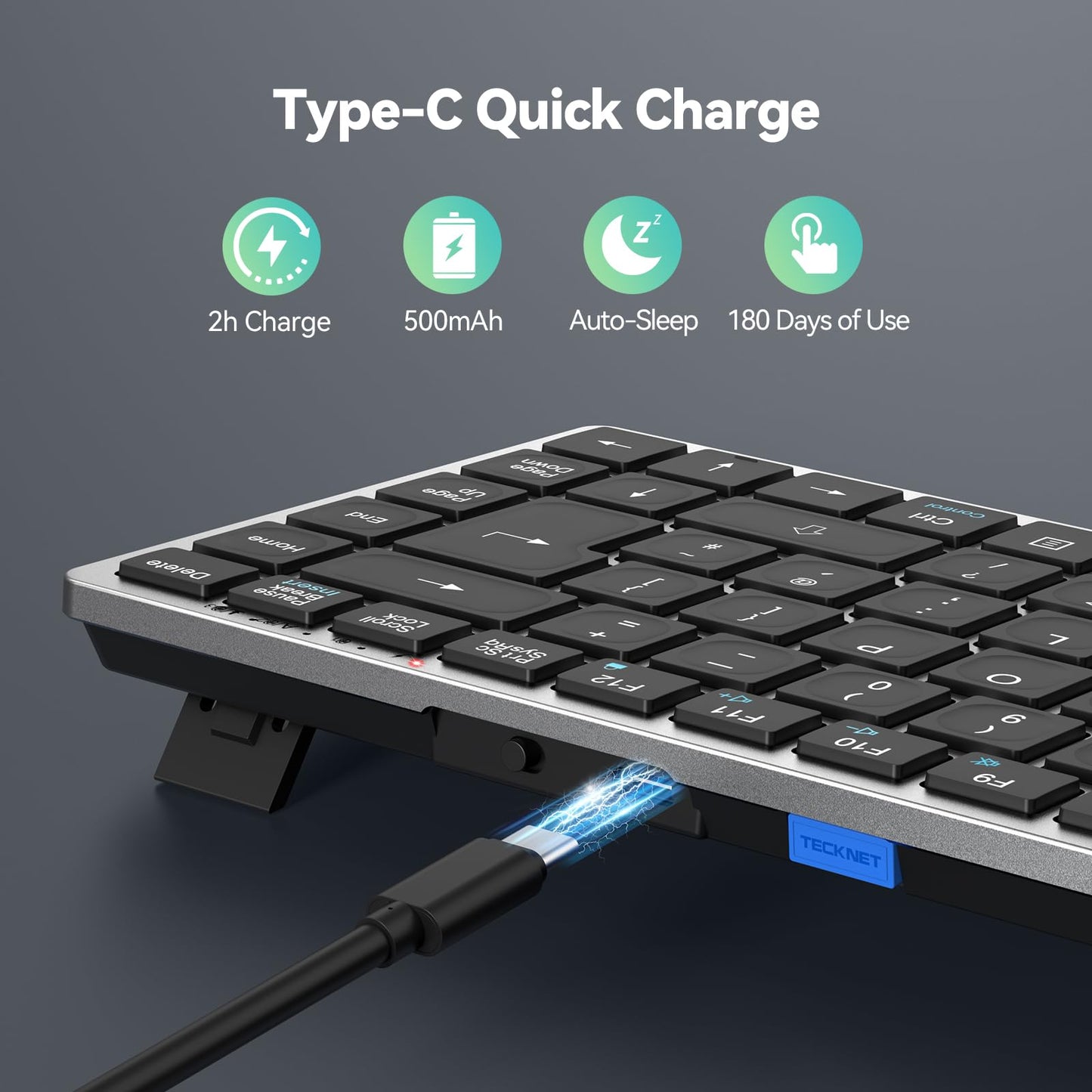 TECKNET 2.4G Wireless Keyboard, Rechargeable Bluetooth Keyboard for 4 Multi Devices, QWERTY UK Layout Compact Mini keypad, Small Silent Keys for Laptop, Phone, Smart TV, Computer, Tablet - Silver