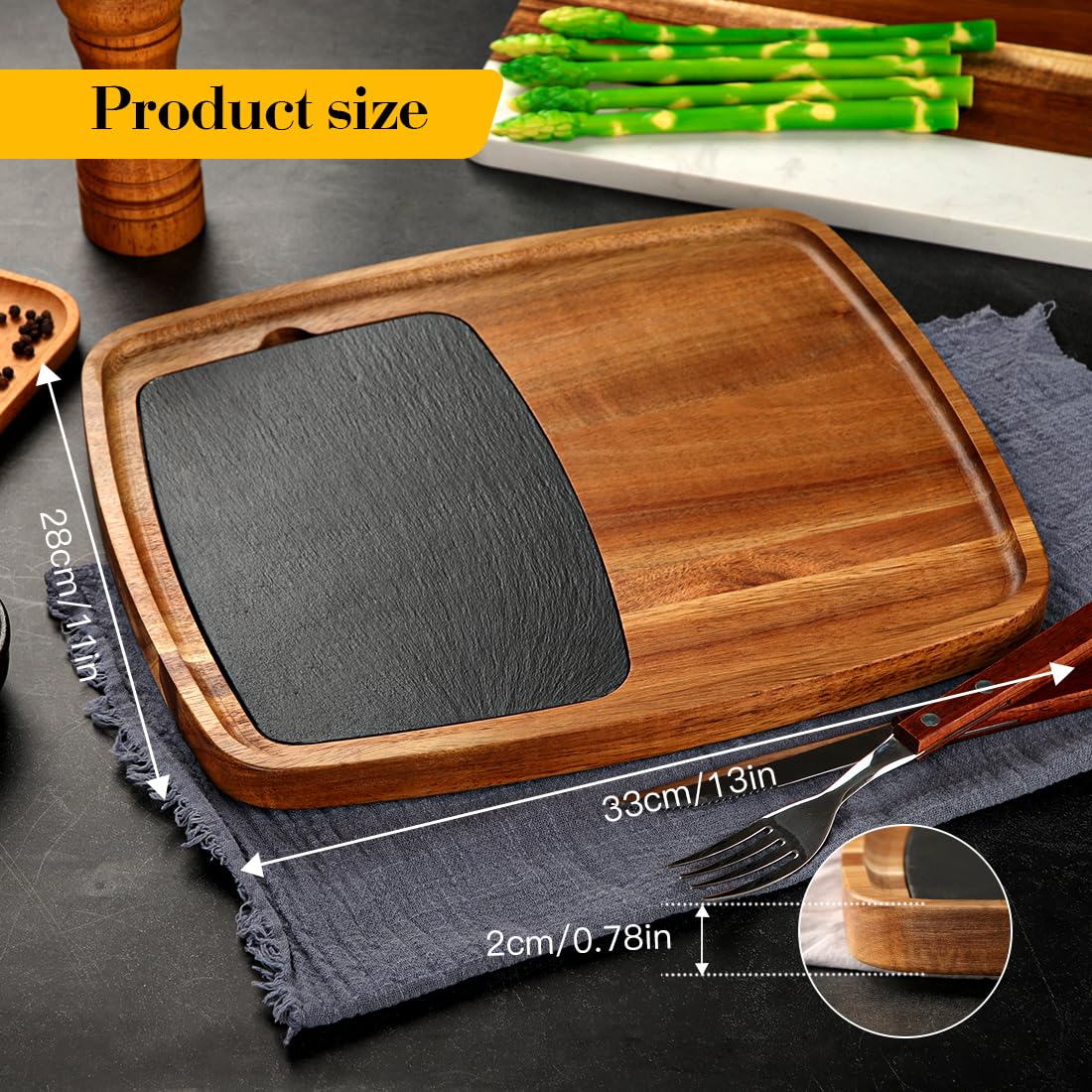 LiWiBet Acacia Wood Slate Steak Plate for Meat Cheese Appetizers, Steak Cutting Plate Board Serving Tray Cheese Appetizer Platter Perfect for Housewarming, Christmas, Mother's Day