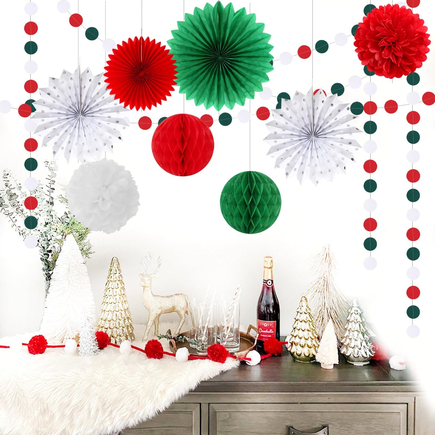 Red-Green White Christmas Party-Decorations - 33pcs Banner,Mexico Italy Streamers Tassel Garland,Tissue Pom Poms Honeycomb,Paper Lantern Fans,Mexican Italian Birthday Wedding Baby Shower Decor Hugtmr