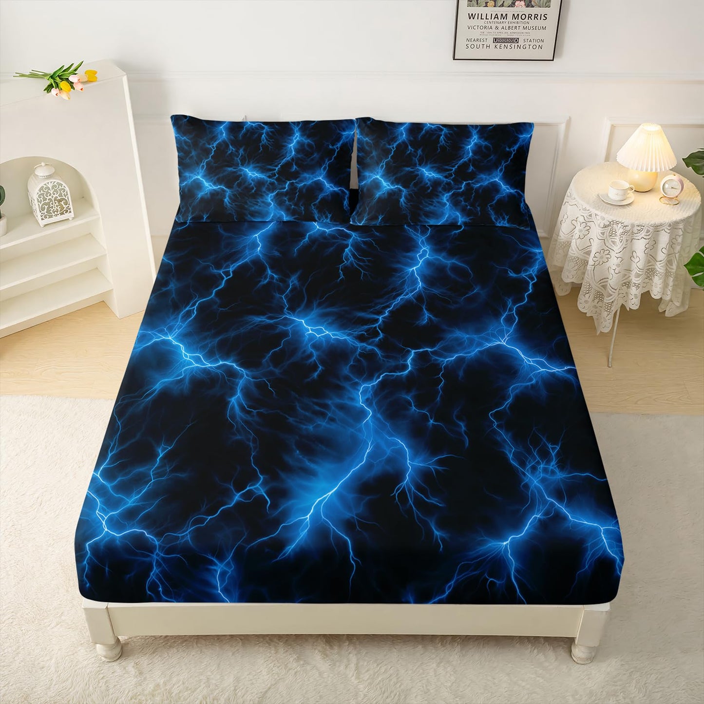 QOOMO Glowing Pattern Kids Sheet Set, Soft Microfiber Neon Light Sheets for Children Teens, Twin Blue Bed Set with Deep Pocket, 1 Fitted Sheet, 1 Flat Sheet, 2 Pillow Cases
