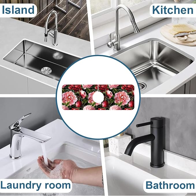 Blooming Peony Kitchen Sink Splash Guard Faucet Mat Pink Peony Flowers Super