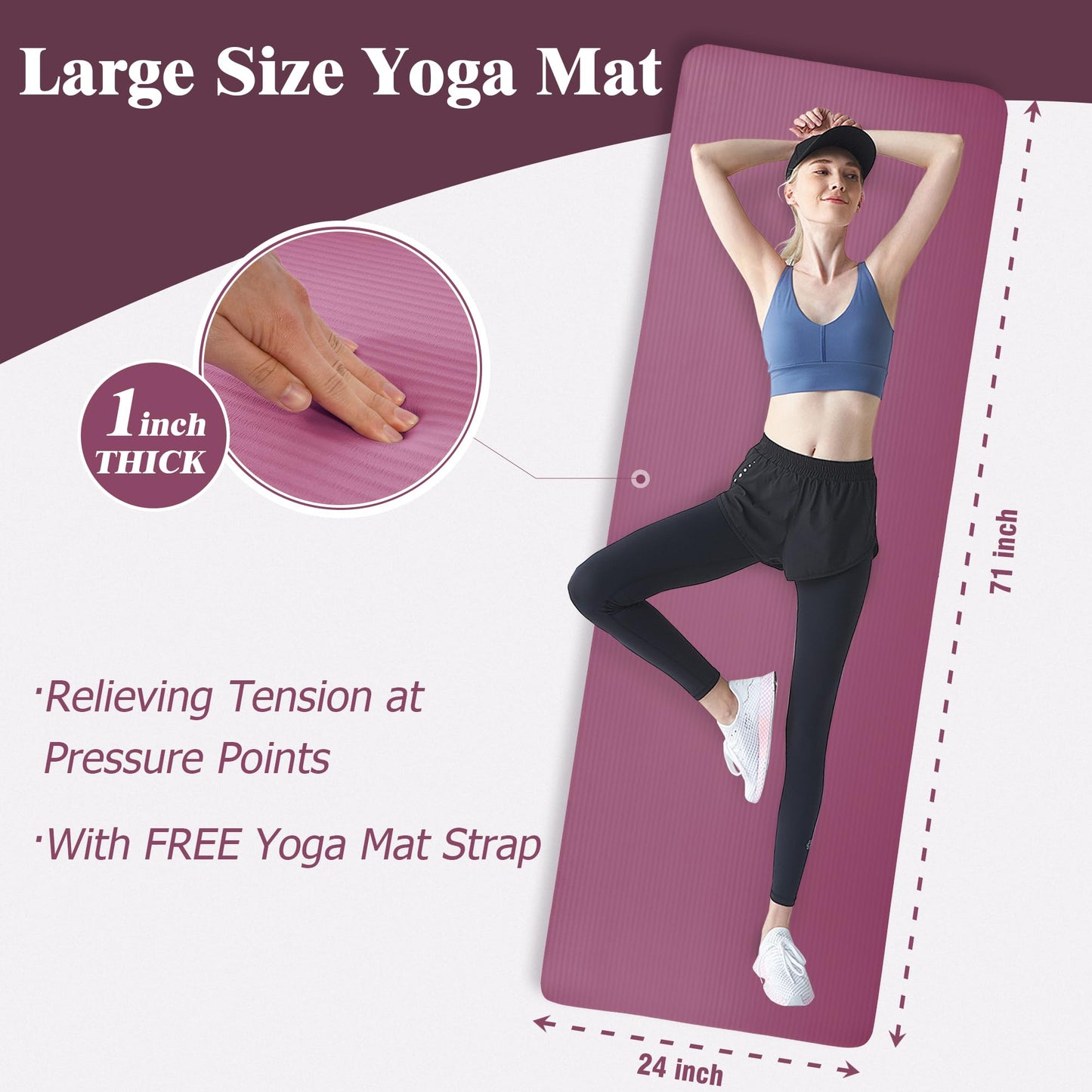 Fitvids Yoga Mat 1-Inch Extra Thick High-Density Exercise Mat with Non-Slip Surface & Carry Strap for Men & Women Tear-Resistant Pilates Workout Mat for Home Gym, Floor Fitness
