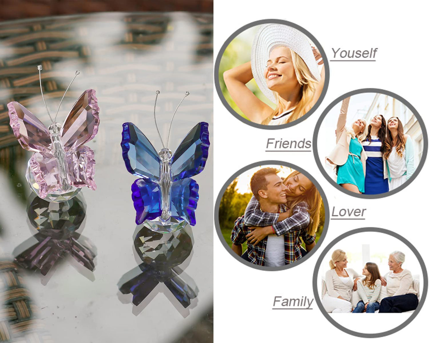 H&D HYALINE & DORA Crystal Butterfly Figurine Ornament with Ball Base, Glass Butterfly Animal Statue Table Decor Paperweight Gift, 2pcs
