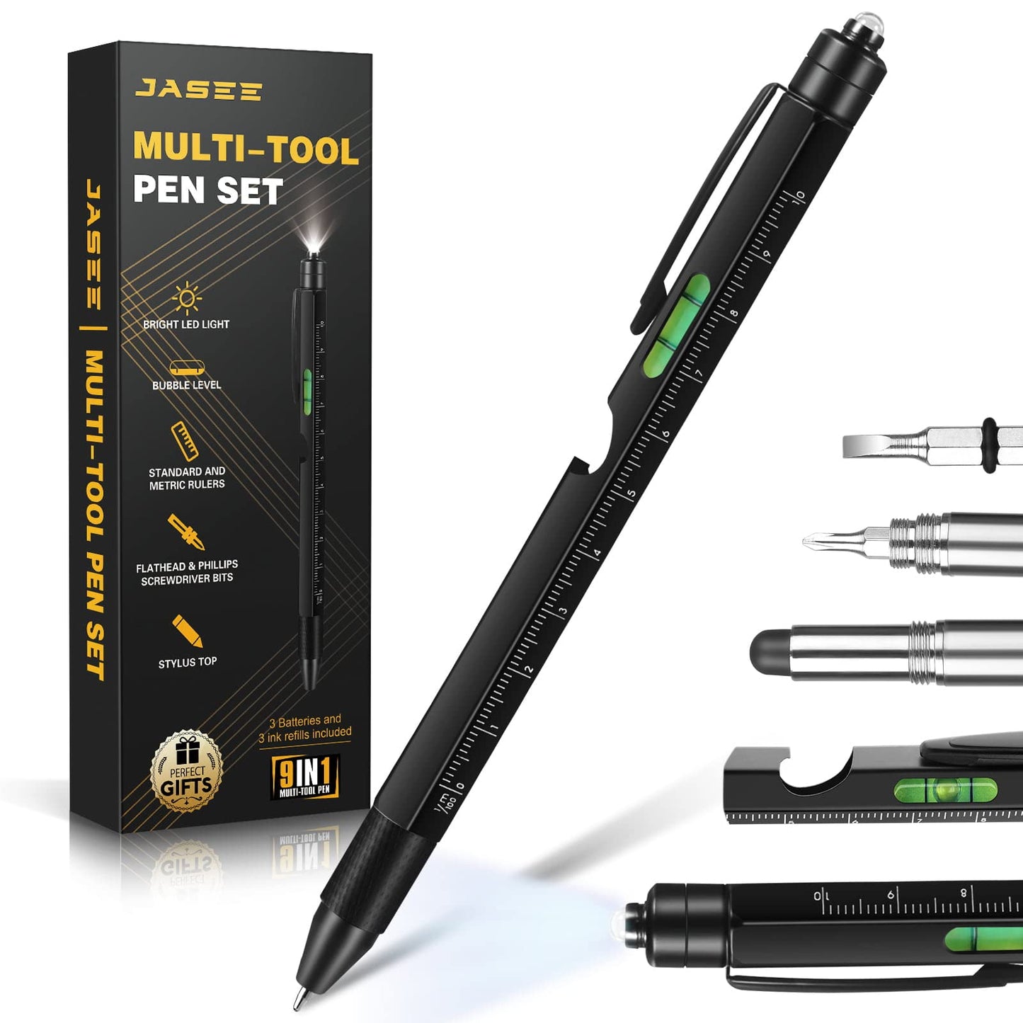 Christmas Stocking Stuffers Gifts for Men, White Elephant Gifts for Adults Dad Boyfriend Him Husband, 9 in 1 Multitool Tool Pen Set, Screwdriver, LED Light, Stylus, Bottle Opener, Ruler, Level(Black)