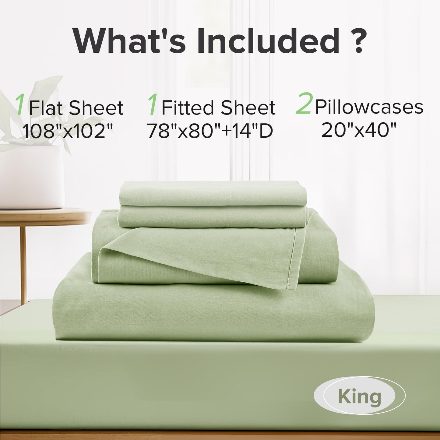 Comfort Spaces 100% Cotton Sheets King, Breathable & Soft Cotton Sheets, Naturally Cool Cotton Bed Sheets with 14" Elastic Pocket Fits up to 16" Mattress, All Seasons Sheet Set, Sage Green 4 Piece