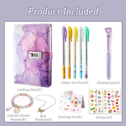 Diary with Lock for Girls, Password Notebook with Pen and Bookmark, Locked Journals for Teenage, Secret Diary Birthday Gifts for Girl Planner Notebook Kit (Purple)