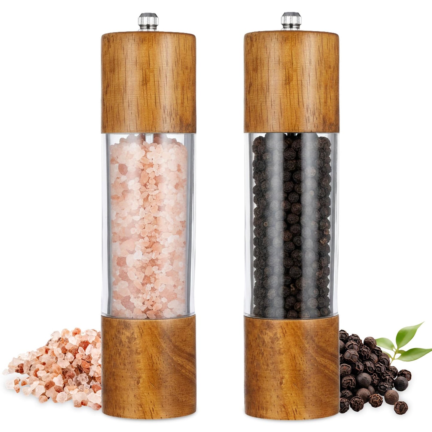 KongTiva 2 Pack 8 Inch Premium Acrylic Salt and Pepper Grinder Set, Manual Salt and Pepper Mills Wooden Shakers with Adjustable Coarseness Ceramic Core
