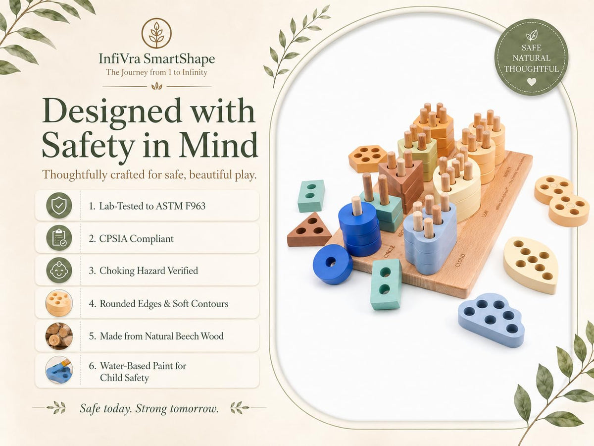 Infivra SmartShape — Montessori Wooden Shape Sorter with Cloud, Leaf & Infinity Shapes, Progressive 1-to-8 Peg Stacking Board for Toddlers 1-5, Fine Motor Learning Toy & Heirloom Gift