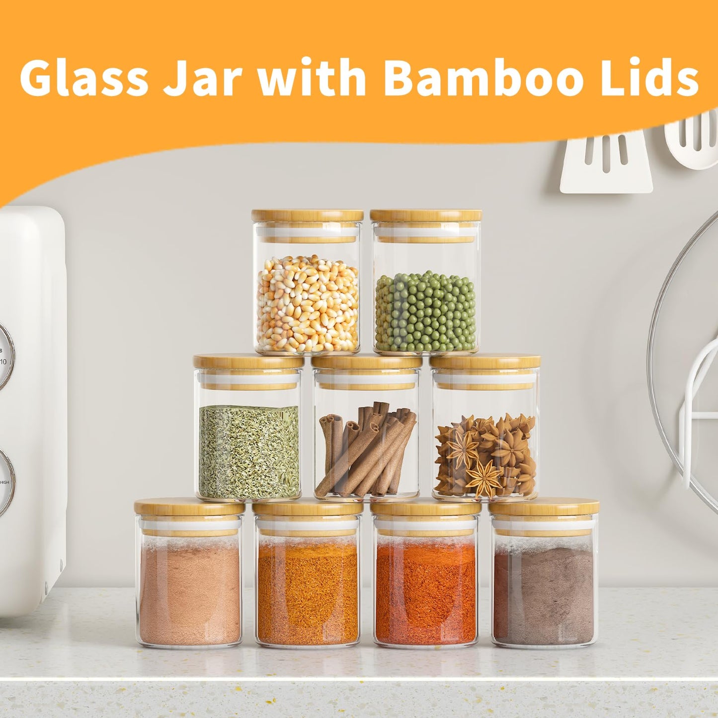 15Pcs 6oz Glass Spice Jars, Airtight Bamboo Lid Containers with Labels