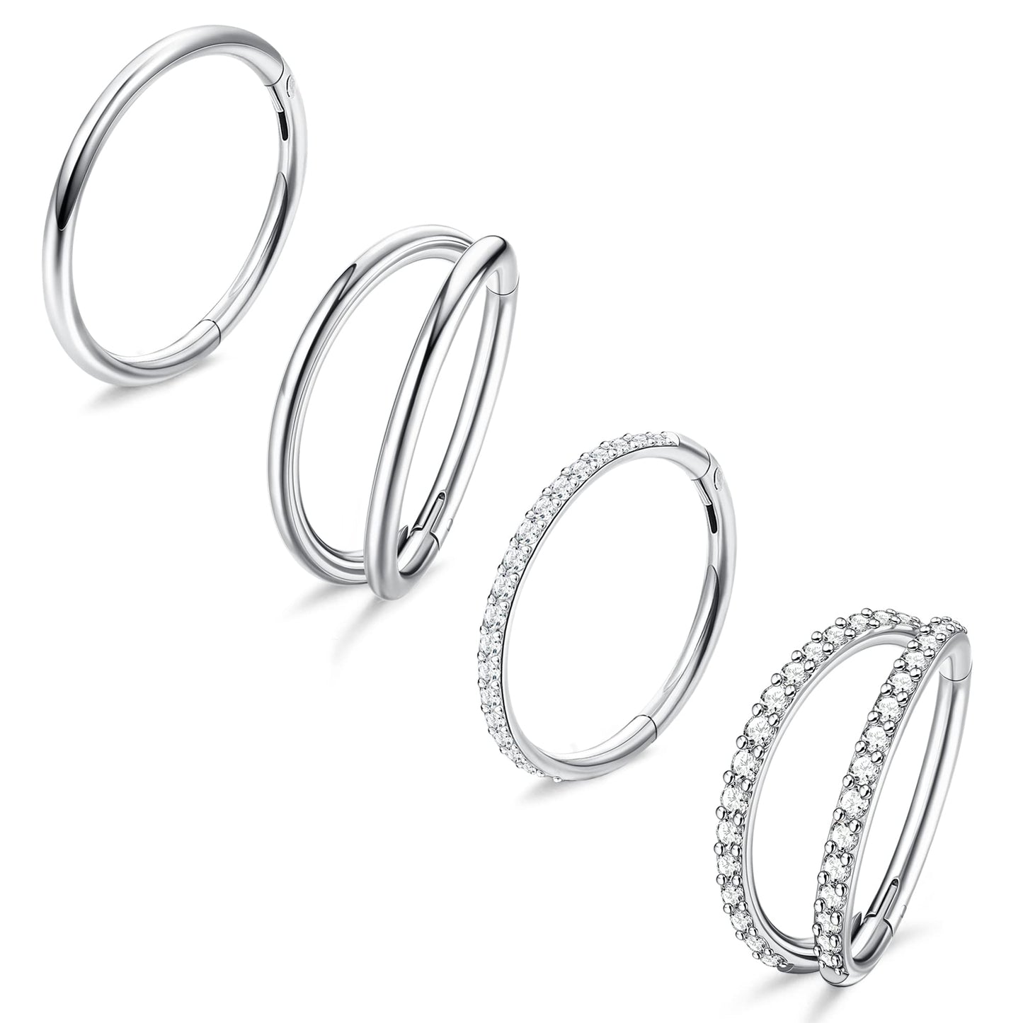 Dochais 4 Pieces Nose Ring 18G, Septum Ring Clicker, Nose Ring Stainless Steel, Septum Piercing Jewellery, Daith Piercing Hoop for Women Men Silver 8mm