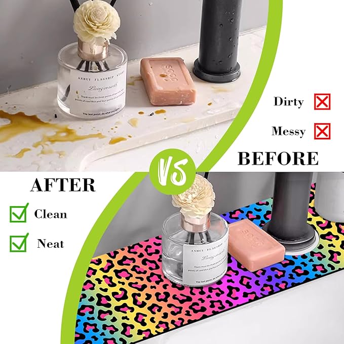 Sink Faucet Absorbing Mat Rainbow Colored Leopard Print Sink Splash Guard