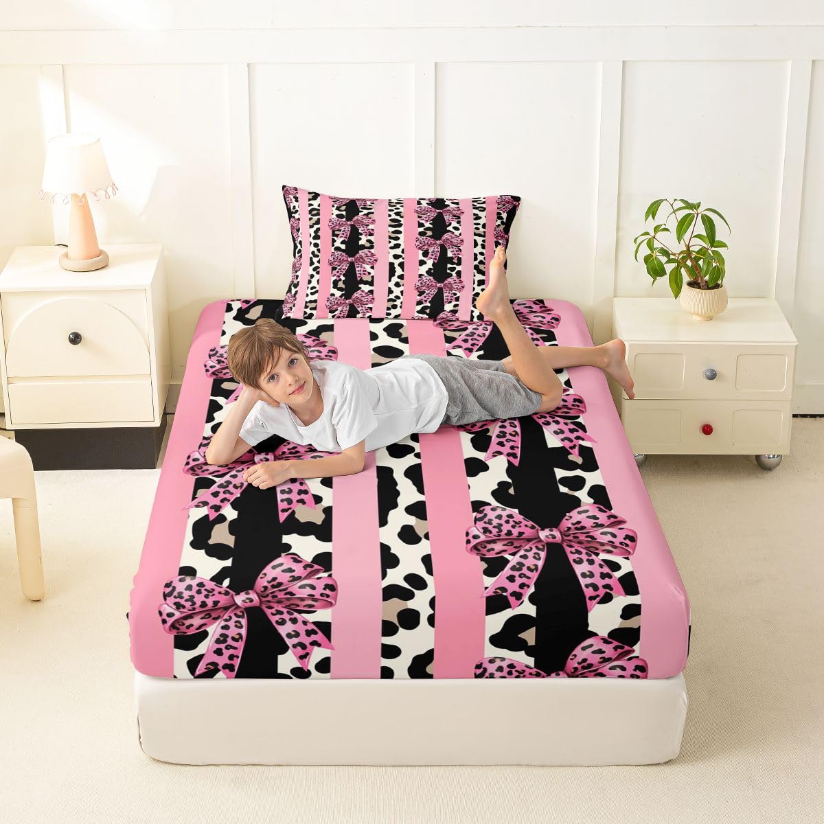 jejeloiu Girls Pink Bow Fitted Sheet with 1 Pillowcase Twin Size Leopard Bowknot Bed Sheets Set 16" Deep Pocket Boys Girls Striped Coquette Bow Bedding Teens Bedroom Decor Breathable