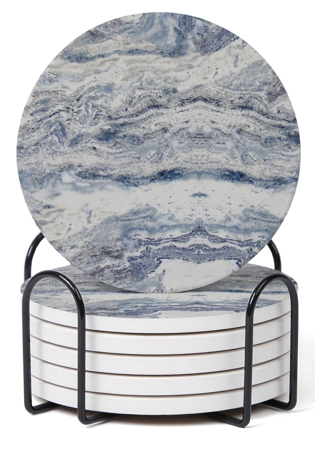 Hoomey Set of 6 Navy Abstract Onyx Marble Coasters with Holder, Absorbent Ceramic Coasters for Drinks, Coasters with Cork Backing for Table Protection, Coffee Table Decor