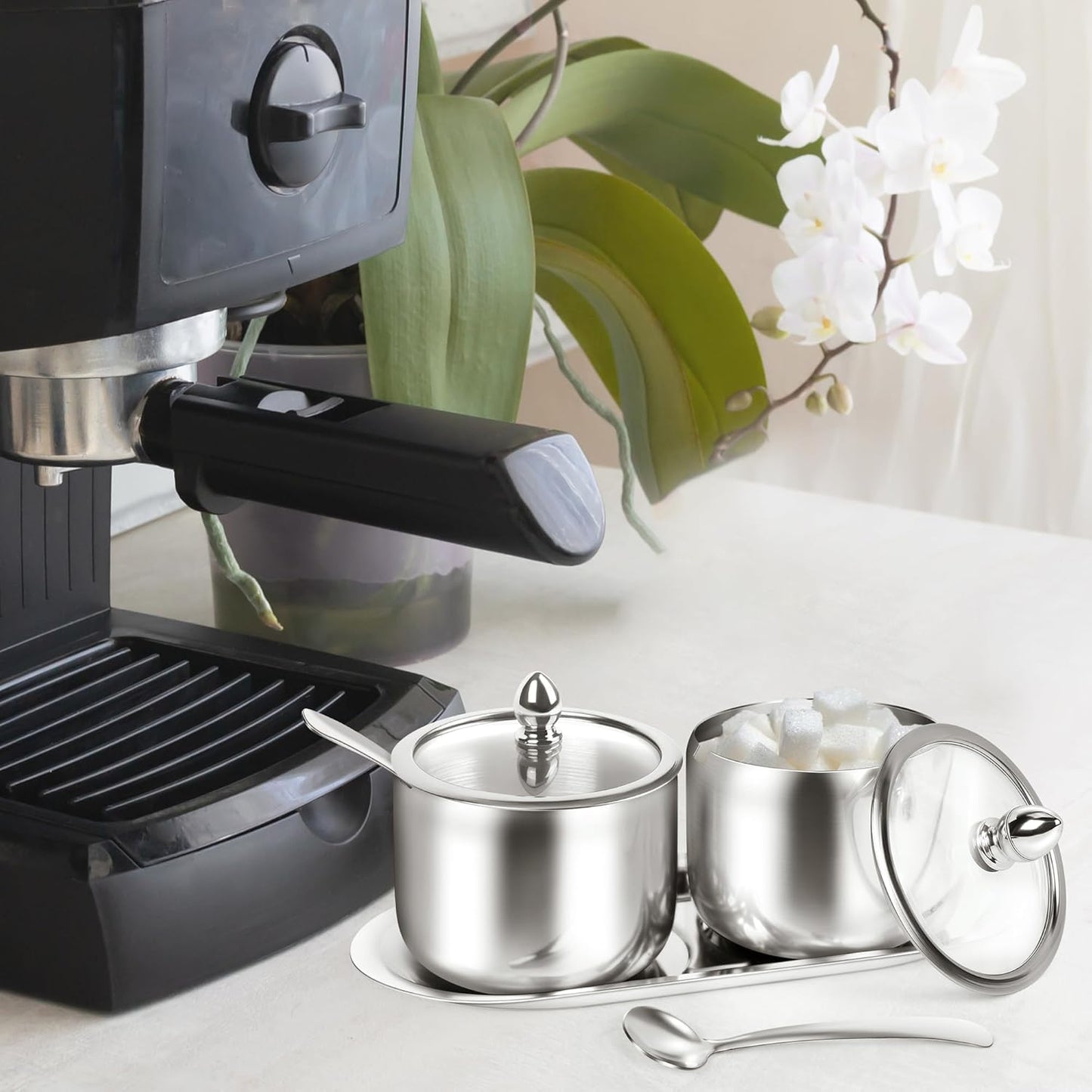 holoith 2 Pack Coffee and Sugar Dispenser with Tray - 10 oz Sugar Bowl with Glass Lid and Spoon for Coffee Bar Accessories Kitchen Storage for Salt,Coffees Bean,Brown Sugar Cubes (Silver)