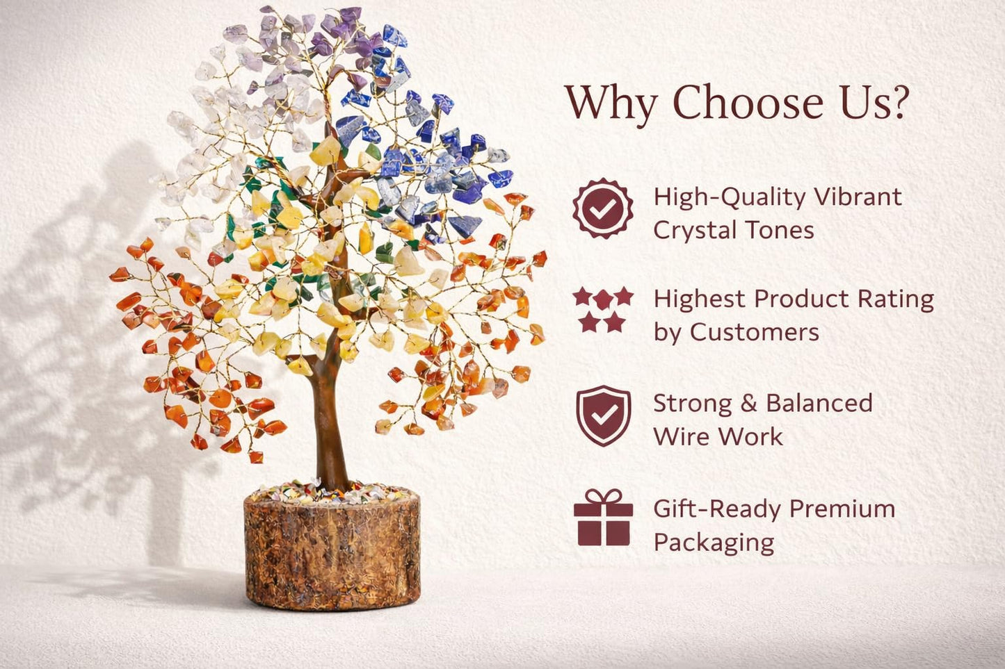 Rajasthali 7 Chakra Crystal Tree for Home Decor | Handcrafted Gemstone Bonsai Tree for Positive Energy, Vastu & Gifting | Wooden Base (Multi Seven Chakra)