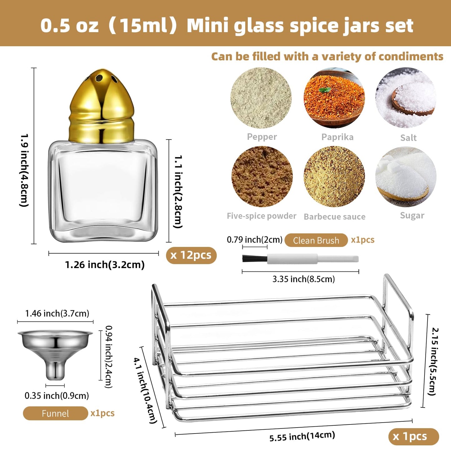12 Pcs 0.5 oz Cube Shape Small Salt and Pepper Shakers Clear Mini Glass Seasoning Jars Spice Salt Shakers with Funnel and Storage Rack for Wedding Party Restaurant Home Kitchen (Gold)
